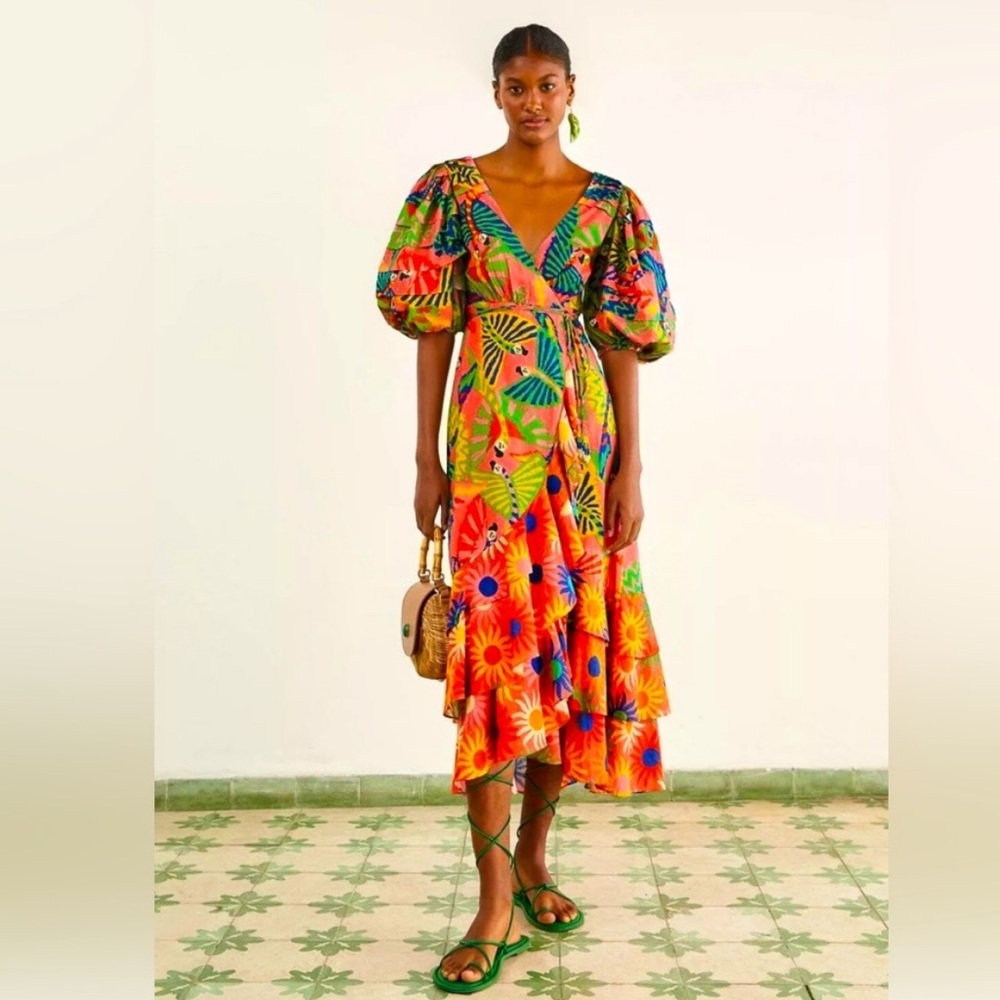 FARM Rio Coral Mixed Graphic Macaws Puff Sleeve wrap dress